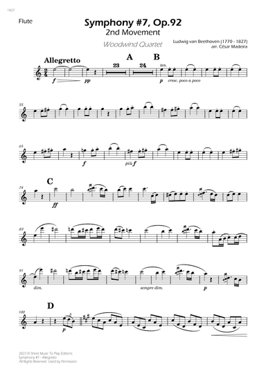 Symphony No.7, Op.92 - Allegretto - Woodwind Quartet (Individual Parts) (arr. César Madeira)