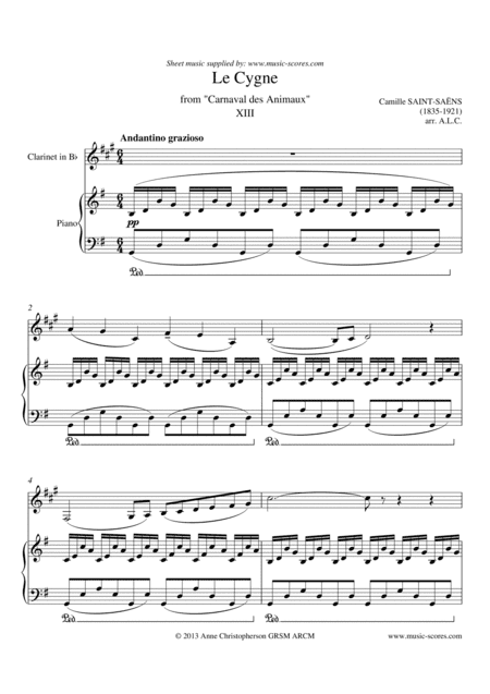 The Swan, or Le Cygne - Clarinet and Piano - G major (arr. Anne L Christopherson GRSM ARCM)