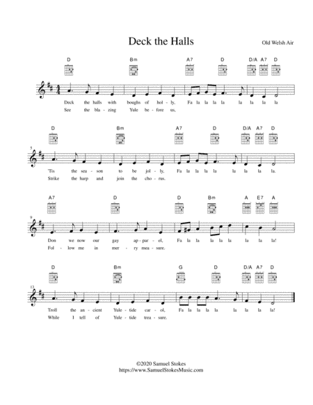 Deck the Halls - lead sheet in D major (arr. Samuel Stokes)