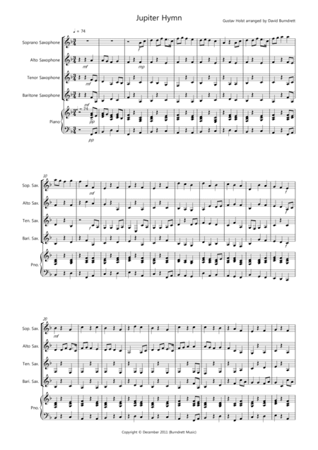 Jupiter Hymn for Saxophone Quartet (arr. David Burndrett)