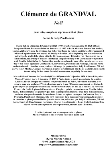 Clemence de Grandval : Noel for voice, soprano saxophone and piano (arr. Paul Wehage)