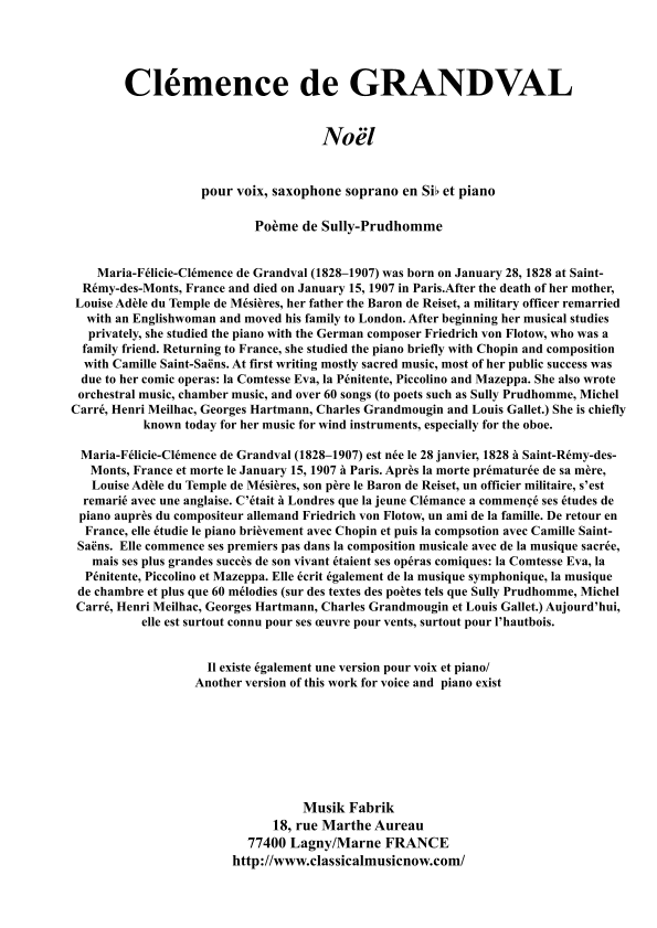 Clemence de Grandval : Noel for voice, soprano saxophone and piano (arr. Paul Wehage)