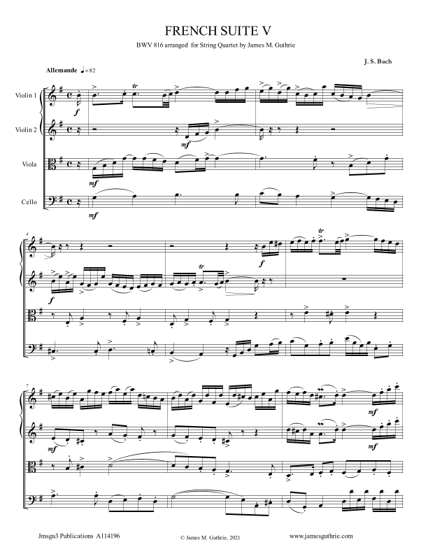 BACH: French Suite No. 5 BWV 816 for String Quartet (arr. James M. Guthrie)