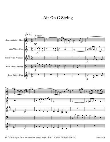 Air by Bach for Woodwind Quartet in Schools (arr. Joseph Judge)