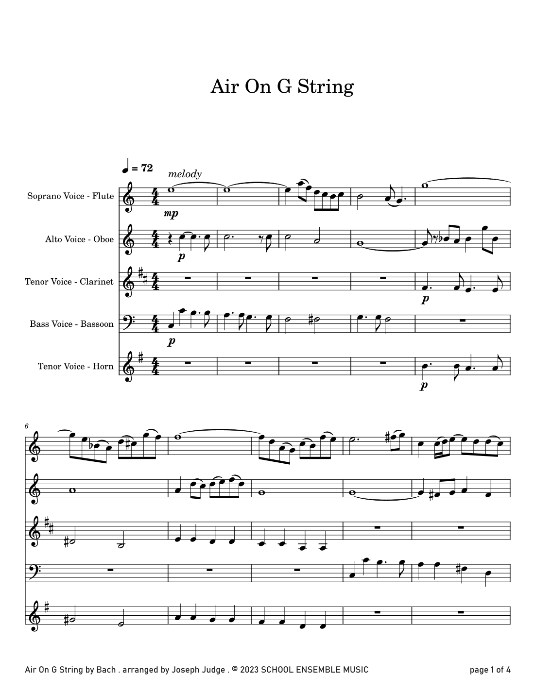 Air by Bach for Woodwind Quartet in Schools (arr. Joseph Judge)