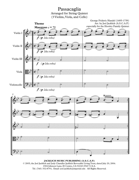 Passacaglia in g minor for String Quintet (3 Violins, Viola, and Cello) (arr. Joel Jacklich (ASCAP))