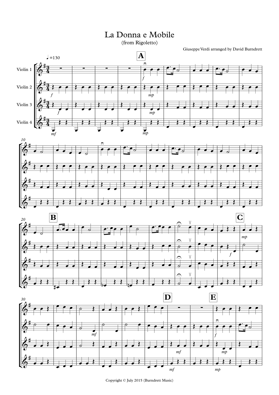 La Donna e Mobile (from Rigoletto) for Violin Quartet (arr. David Burndrett)