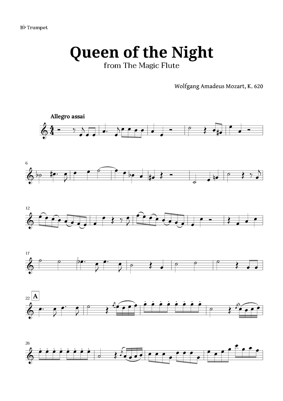 Queen of the Night by Mozart for Trumpet Solo (arr. Langanho)