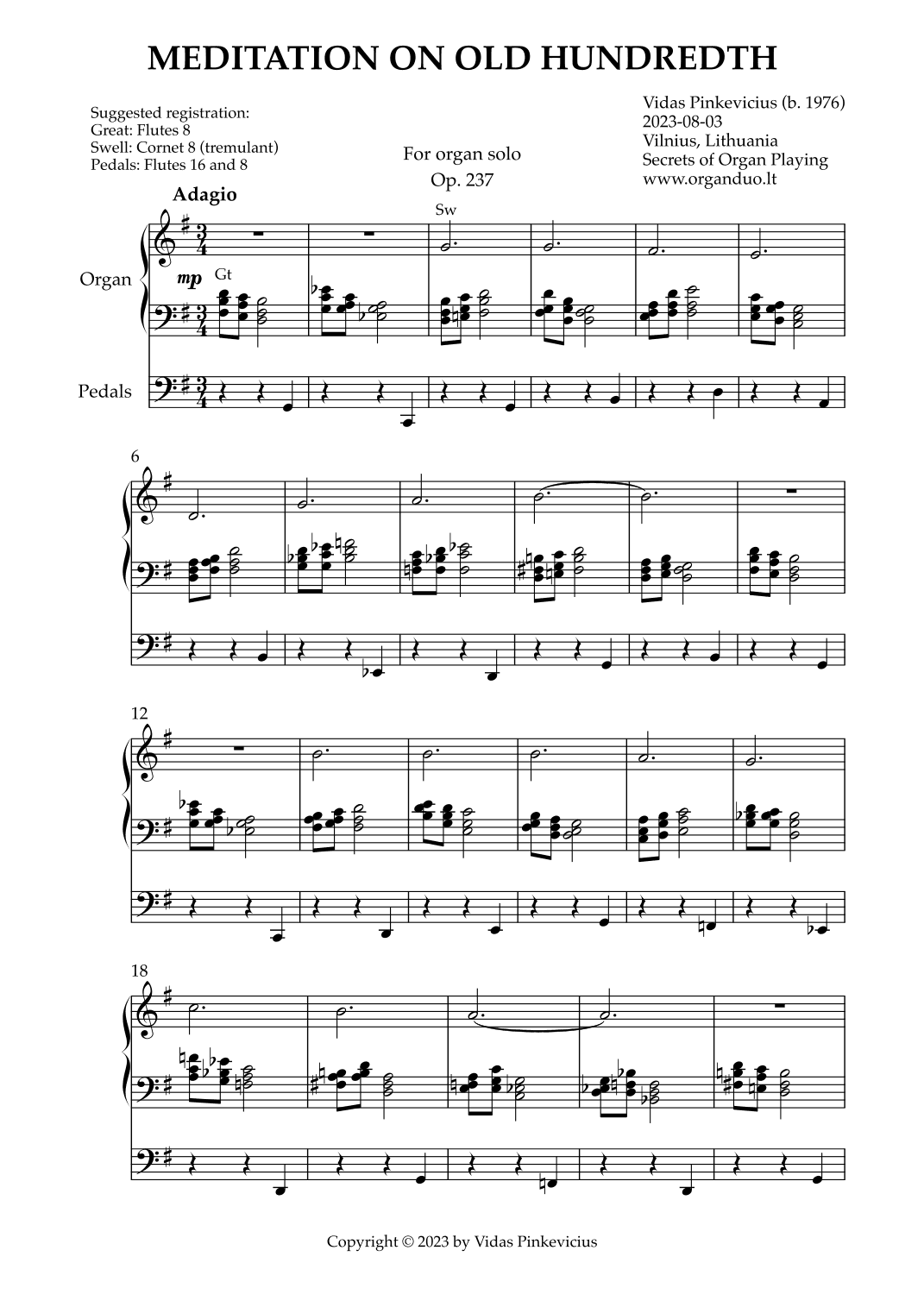Meditation on Old Hundredth, Op. 237 (Organ Solo) by Vidas Pinkevicius