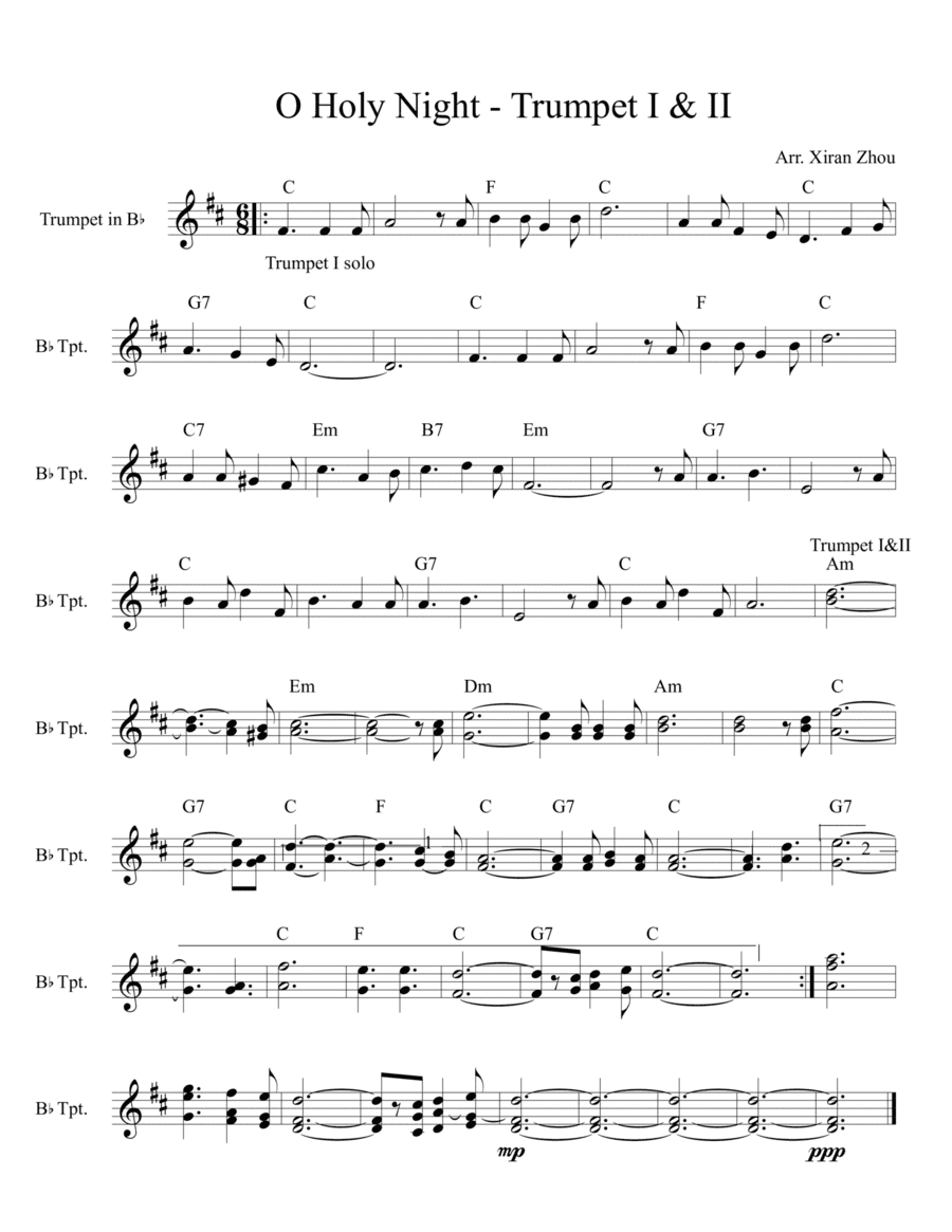 O Holy Night - Trumpet Duet and Piano Chords (arr. Xiran Zhou)