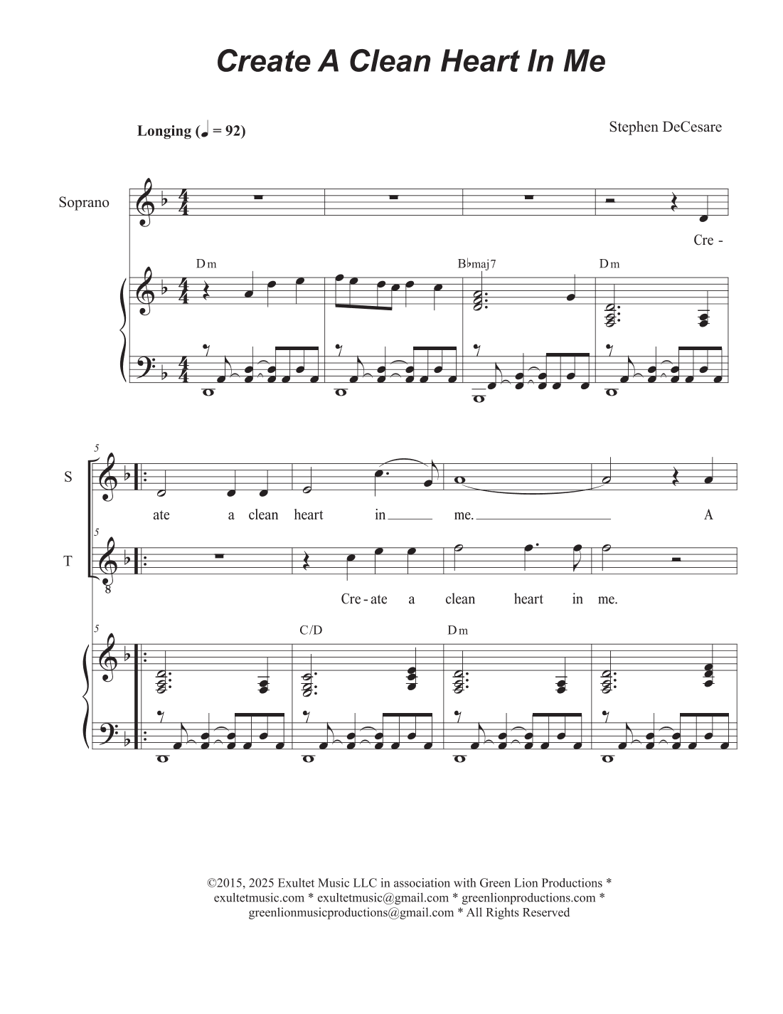 Create A Clean Heart In Me (Duet for Soprano and Tenor solo)