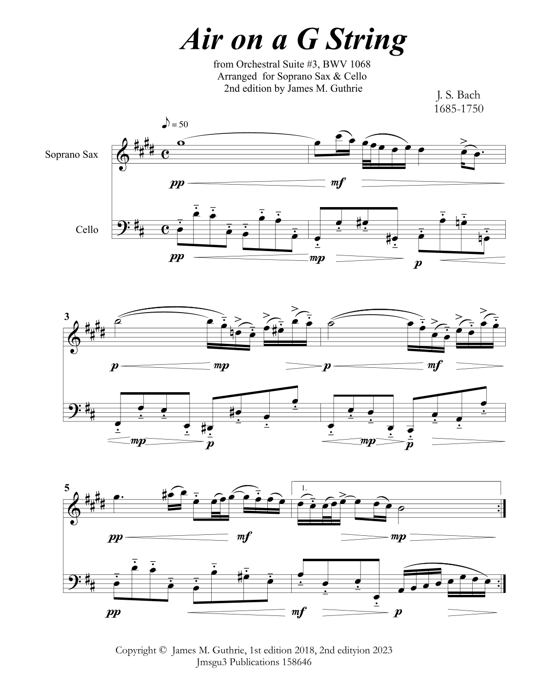 Bach: Air on a G String for Soprano Sax & Cello (arr. James M. Guthrie, ASCAP)