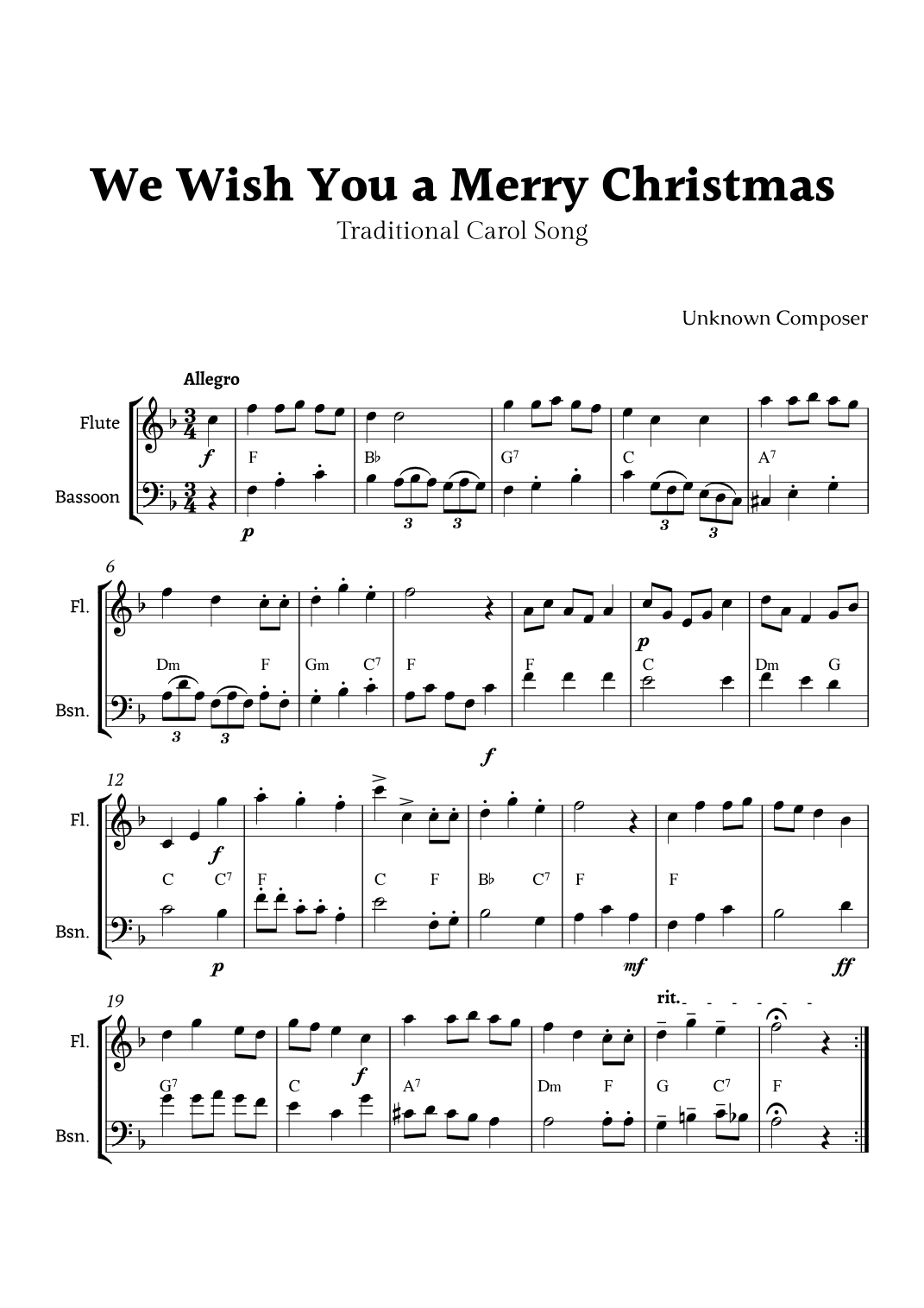 We Wish you a Merry Christmas for Flute and Bassoon Duet with Chords (arr. Rika K.)