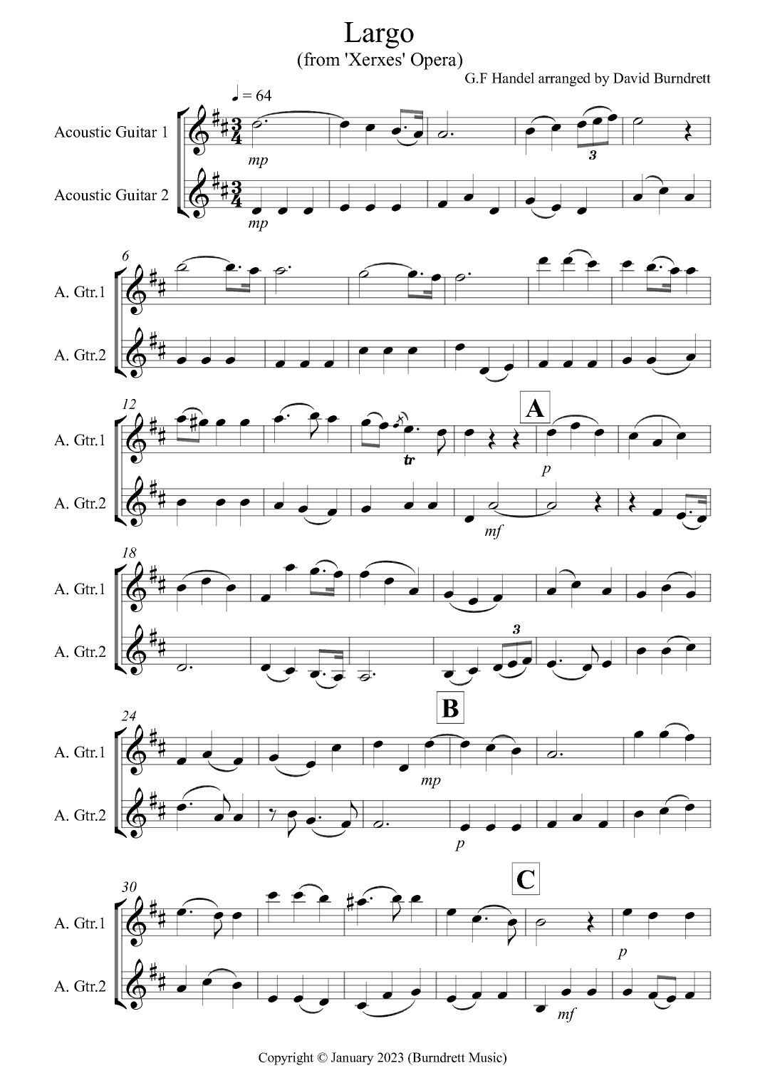Largo (from Handel's Opera Xerxes) for Guitar Duet (arr. David Burndrett)