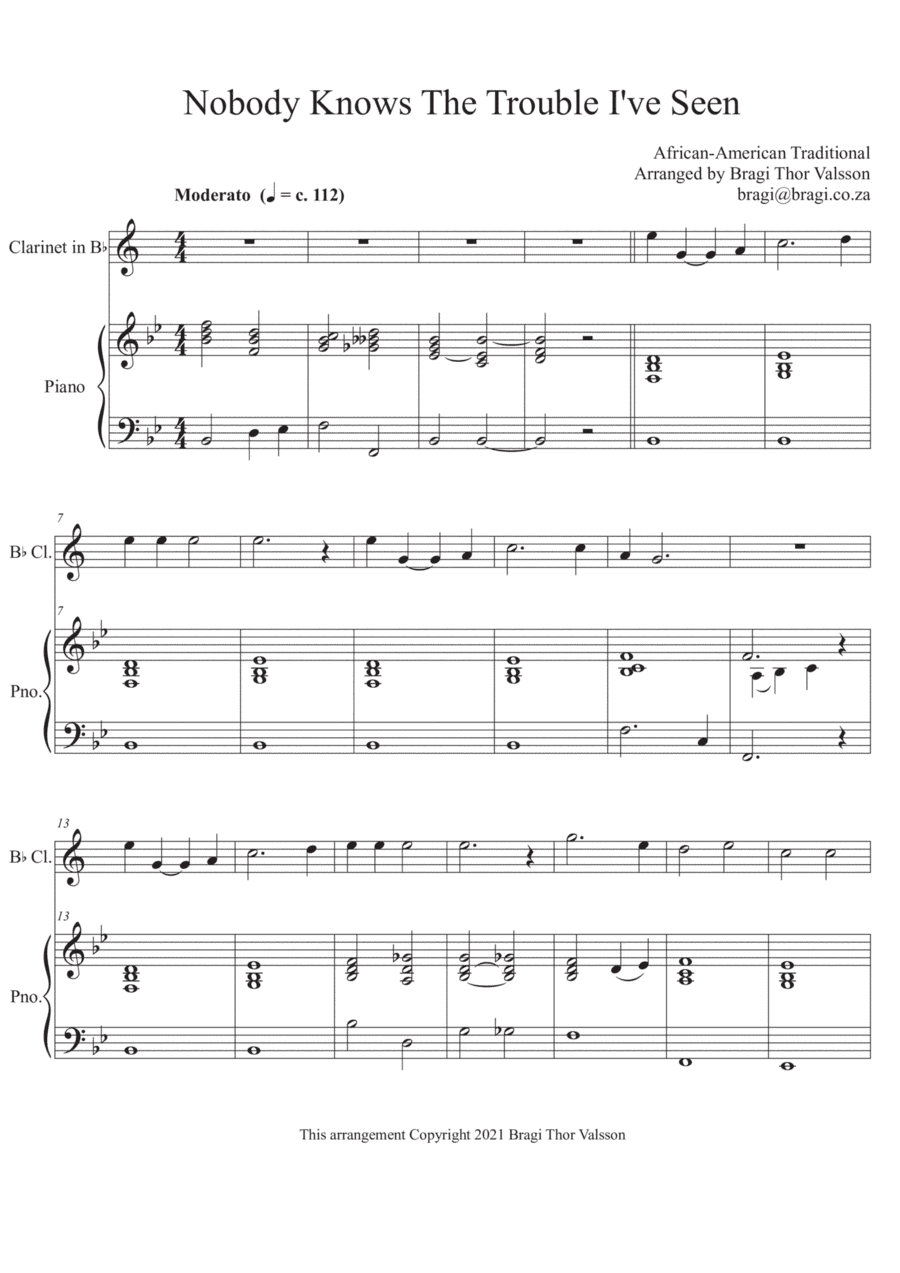 Nobody Knows The Trouble I've Seen - Clarinet with Piano accompaniment (arr. Bragi Thor Valsson)