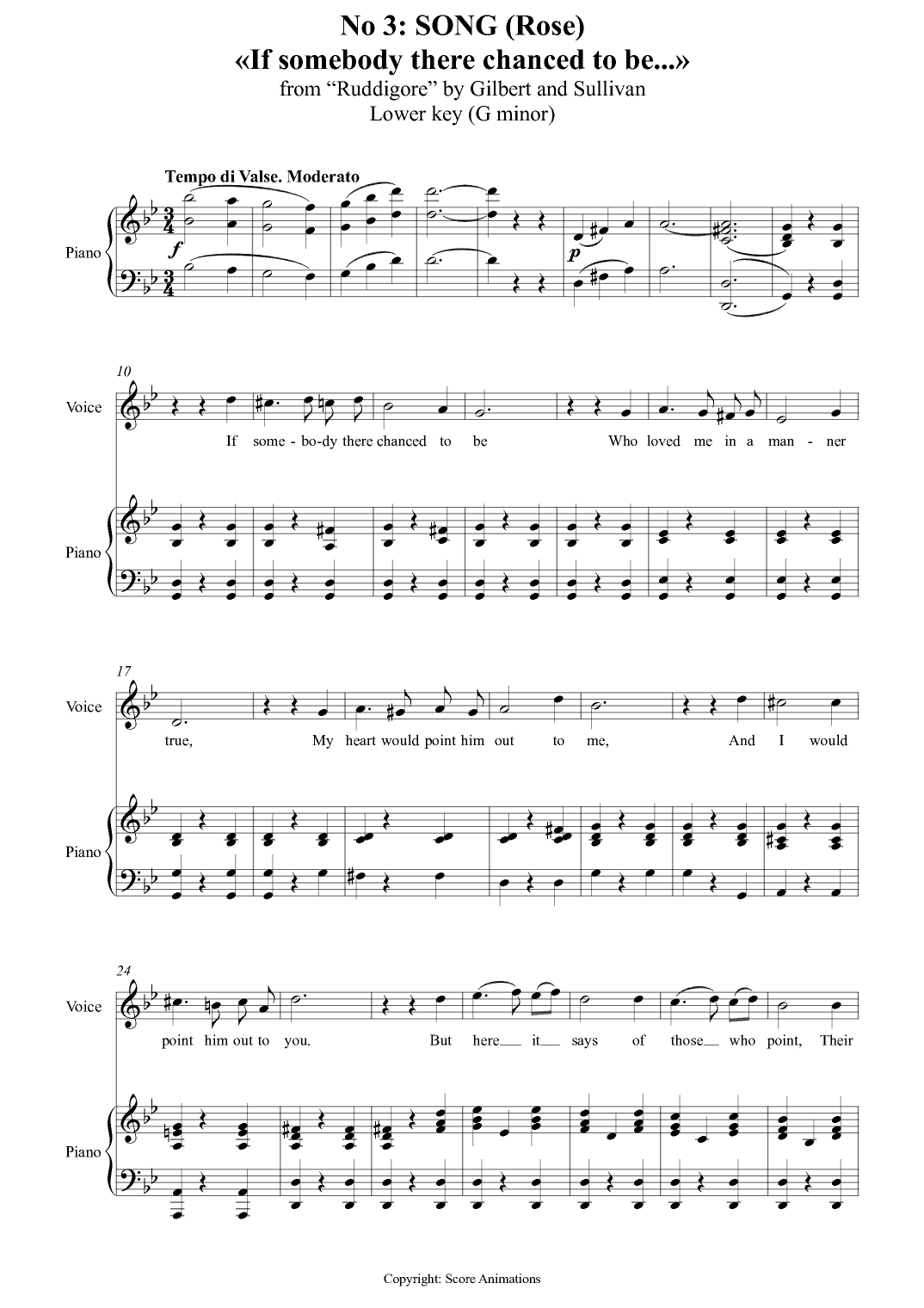 Rose’s Song («If somebody there chanced to be...») from “Ruddigore” Lower key Gmin (arr. Score Animations)