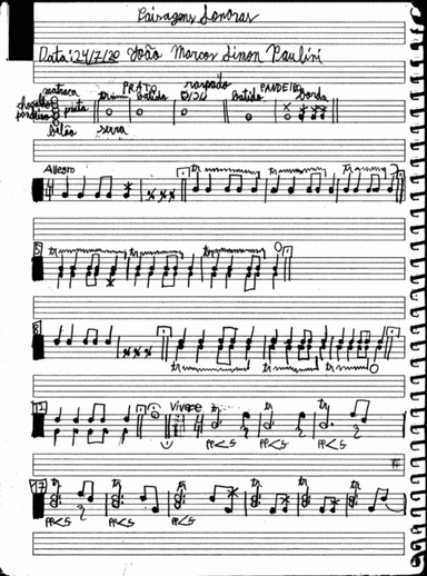Paisagens sonoras for 1 percussionist (rattle, egg shaker, kitchen plate, tambourin, balloon)