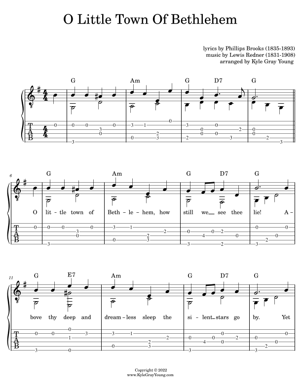 O Little Town Of Bethlehem (easy fingerstyle guitar tablature) (arr. Kyle Gray Young)
