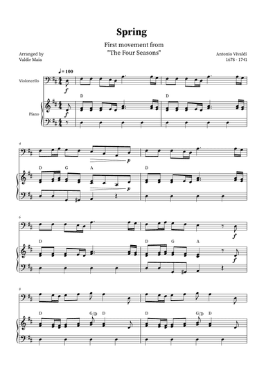 Spring - The Four Seasons for Cello and Piano (D Major with chords) (arr. Valdir Maia)