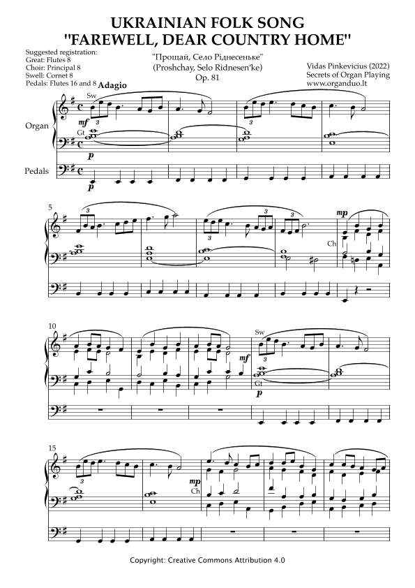 Ukrainian Folk Song "Farewell, Dear Country Home" for Organ solo, Op. 81 (2022) by Vidas Pinkevicius