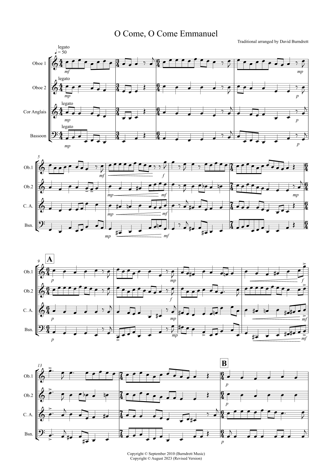 O Come, O Come Emmanuel for Double Reed Quartet (arr. David Burndrett)