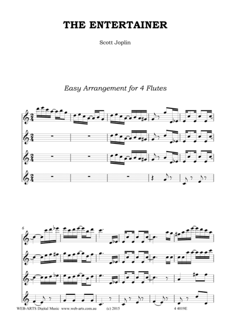 THE ENTERTAINER easy arrangement for 4 flutes - SCOTT JOPLIN (arr. WEB-ARTS Digital Music)