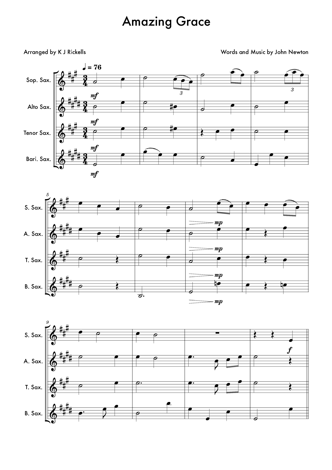 Amazing Grace - Saxophone Quartet (arr. K J Rickells)