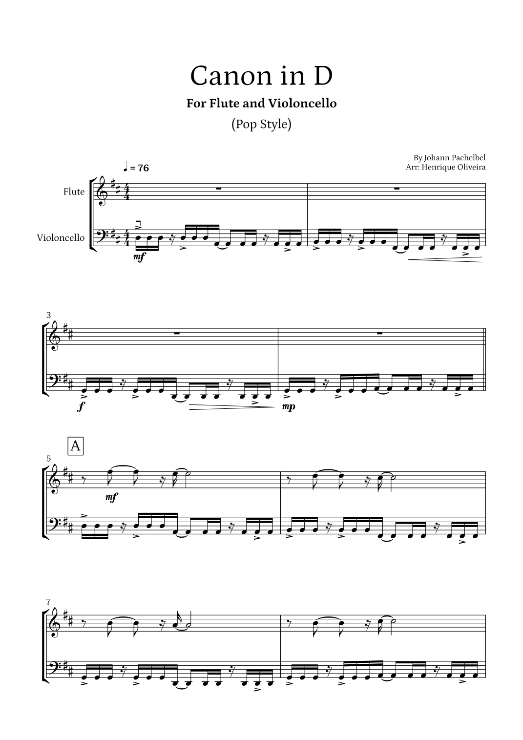 Canon in D (Pop Style) - For Flute and Cello (arr. Henrique Oliveira)