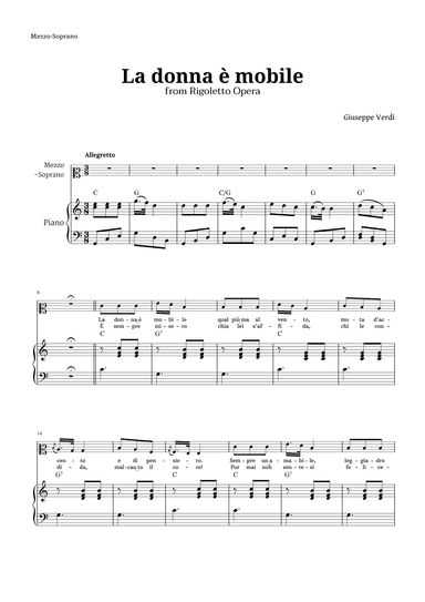 La donna è mobile in C major for Mezzo Soprano and Piano (arr. Langanho)