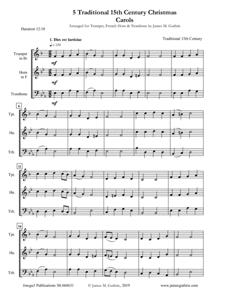 5 Traditional 15th Century Christmas Carols for Trumpet, French Horn & Trombone (arr. James M. Guthrie, ASCAP)