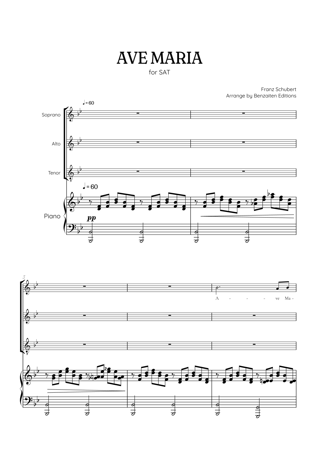 Schubert Ave Maria • SAT choir sheet music with piano accompaniment (arr. Benzaiten Editions)