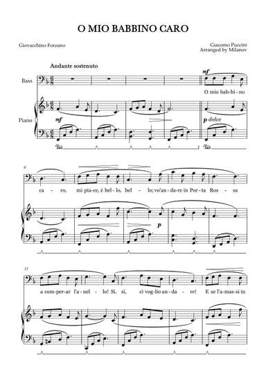 O Mio Babbino Caro | Male Voice Bass | F Major | Piano accompaniment | Pedal (arr. Milanov)