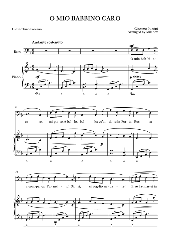 O Mio Babbino Caro | Male Voice Bass | F Major | Piano accompaniment | Pedal (arr. Milanov)