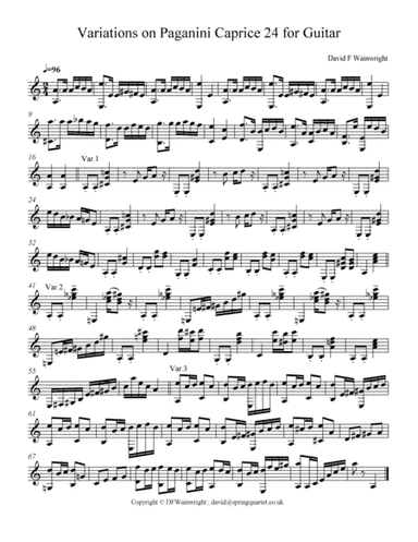 Variations on Paganini Caprice 24 for Guitar with staff notation & tab