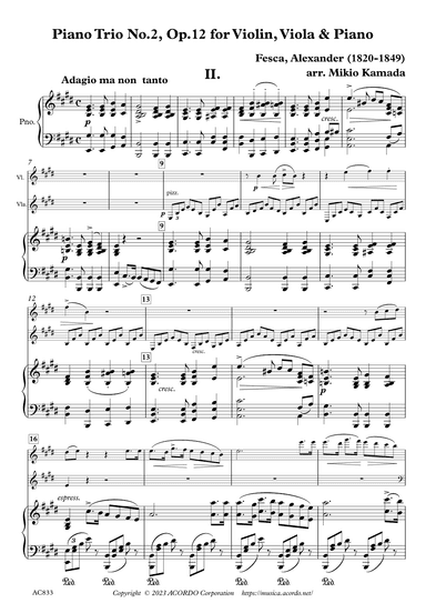 Piano Trio No.2, Op.12, II. Adagio ma non tanto for Violin, Viola & Piano (arr. Kamada, Mikio)