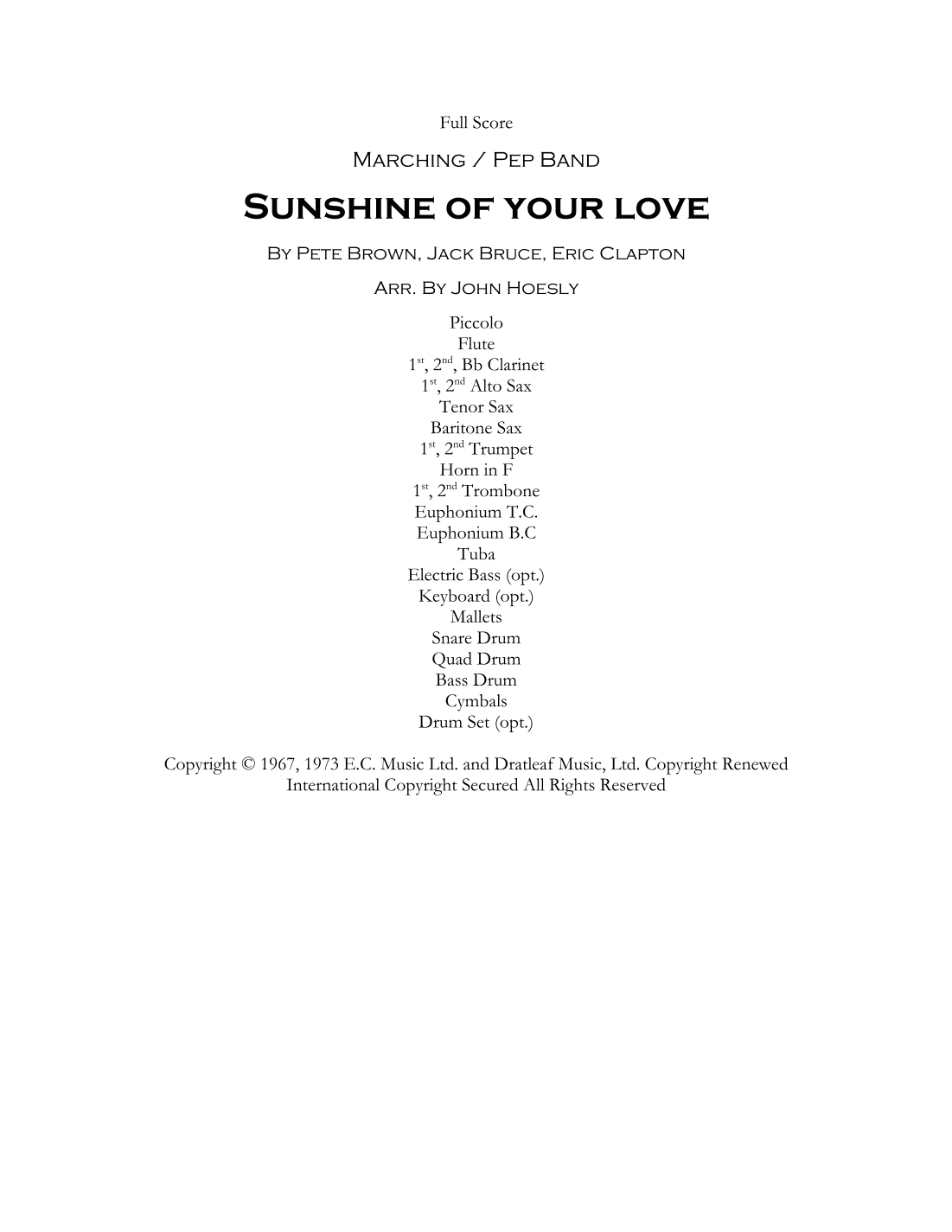 Sunshine Of Your Love (arr. John Hoesly)