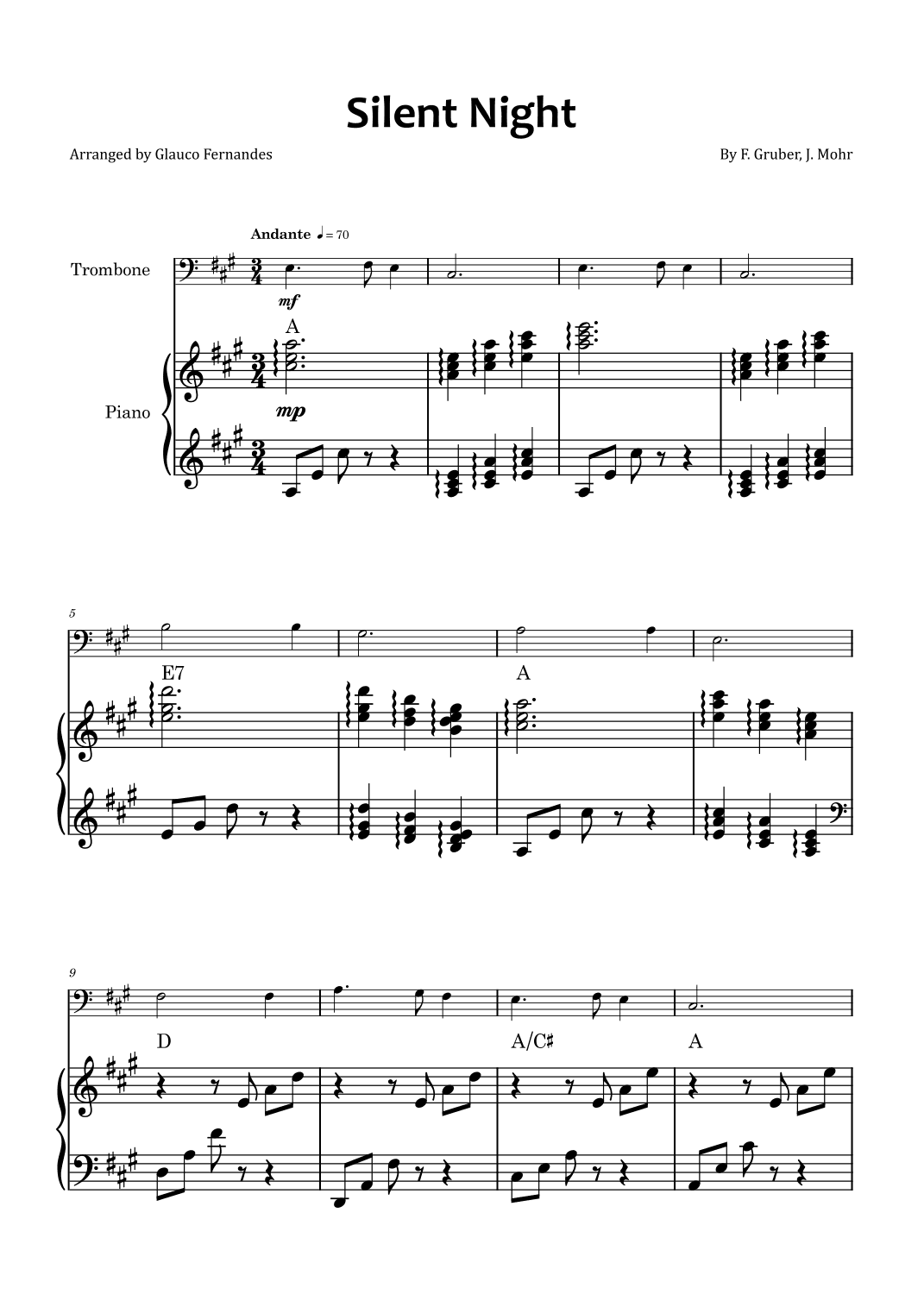 Silent Night - Trombone and piano with chord symbols (arr. Glauco Fernandes)