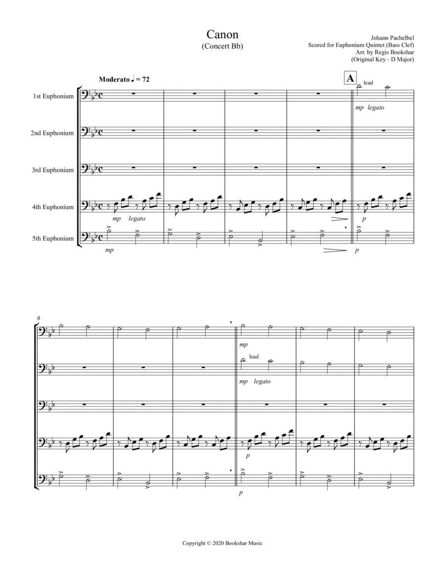 Canon (Pachelbel) (Bb) (Euphonium Quintet - Bass Clef) (arr. Regis Bookshar)