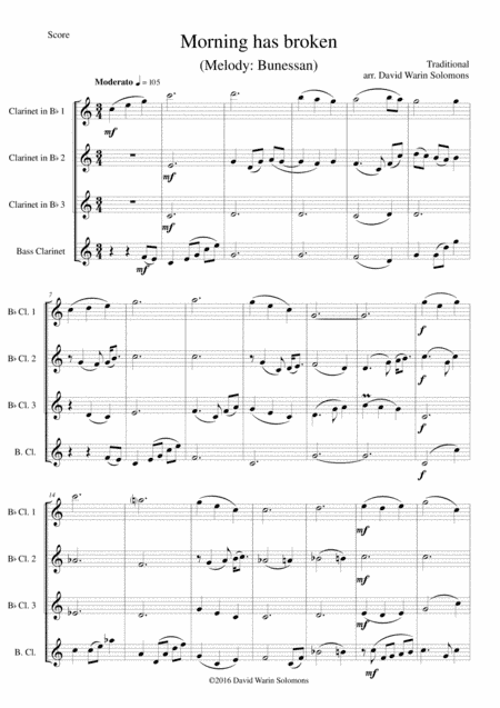Variations on Morning has broken (Bunessan) for clarinet quartet (3 B flats and 1 bass) (arr. David Warin Solomons)
