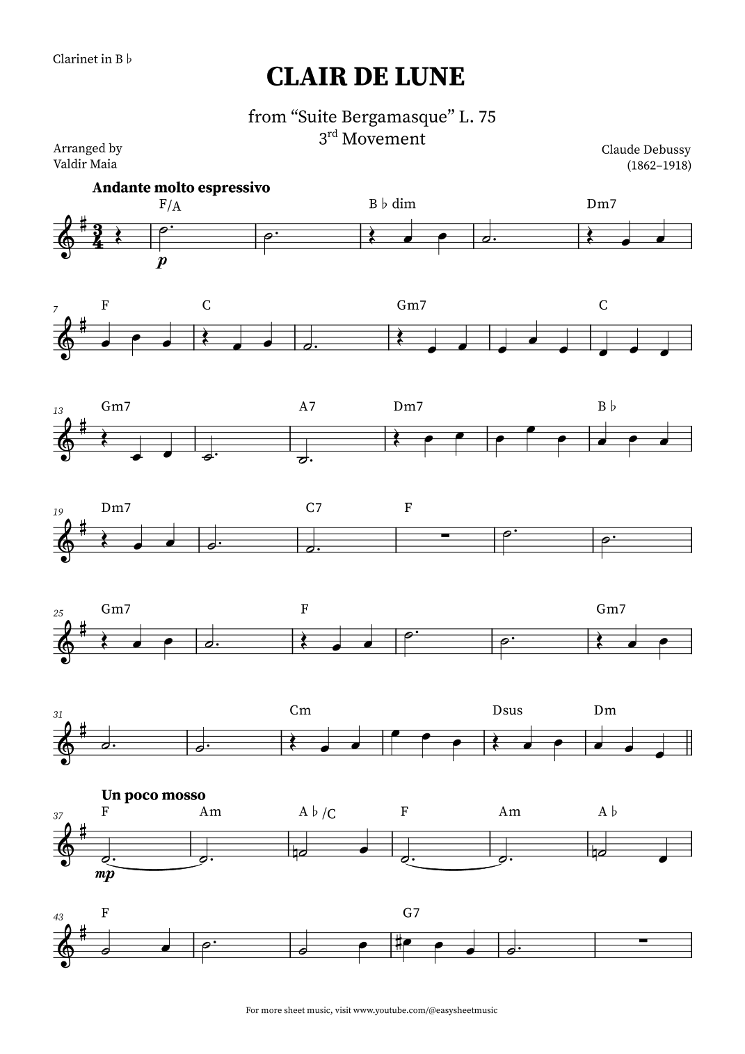 Clair de Lune - Clarinet + CHORDS (arr. Valdir Maia)