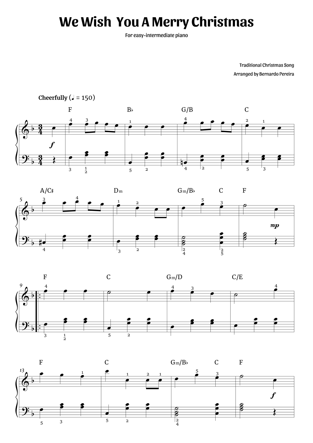 We Wish You A Merry Christmas (easy-intermediate piano – F major) (arr. Bernardo Pereira)