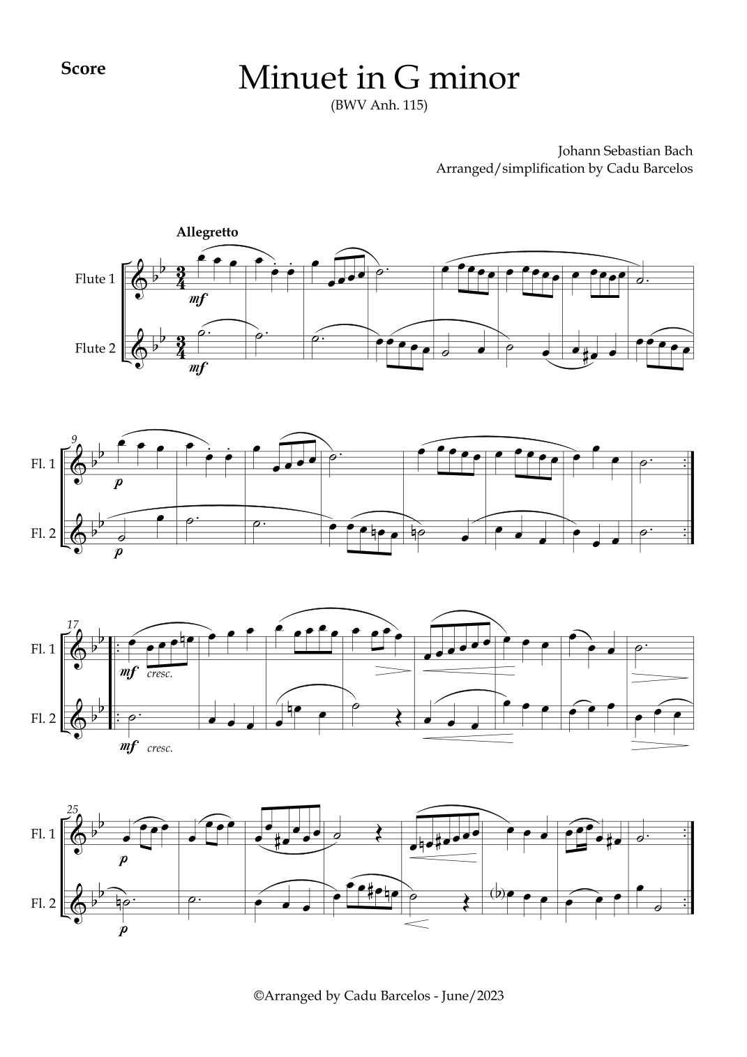 Minuet in G minor BWV anh 115 (Bach) 2 Flutes (arr. Cadu Barcelos)