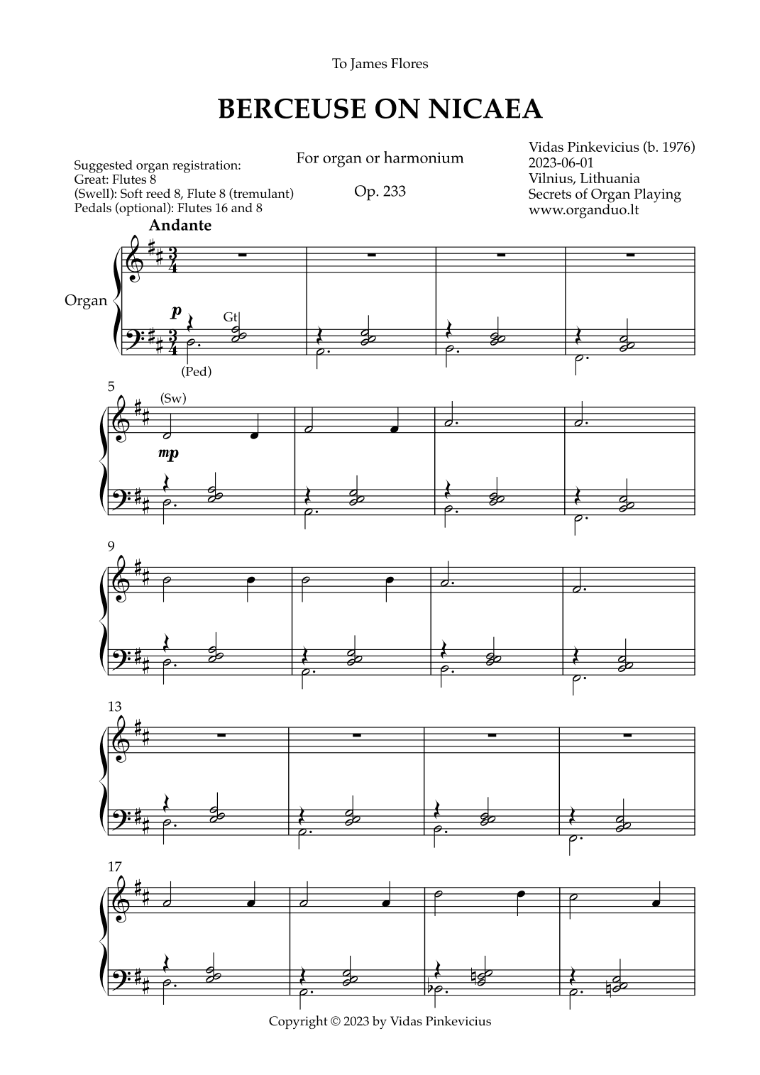 Berceuse on Nicaea, Op. 233 (Organ Solo) by Vidas Pinkevicius