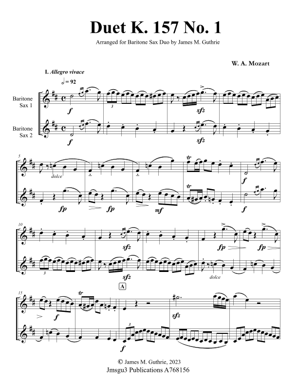 Mozart: Duet K. 157 No.1 for Baritone Sax Duo (arr. James M. Guthrie)
