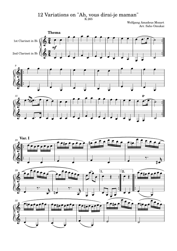 W.A.Mozart: 12 Variations on "Ah, vous dirai-je maman" K.265  for two clarinets. (arr. Saho Omukai)