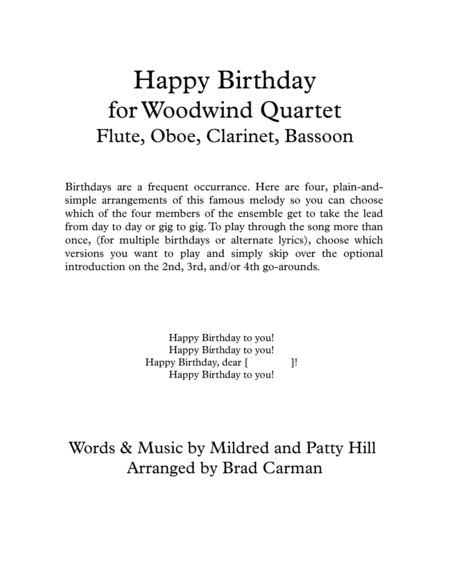 Happy Birthday for Woodwind Quartet (arr. Brad Carman)