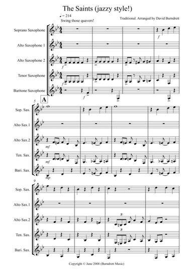 The Saints (jazzy style!) for Saxophone Quintet (arr. David.Burndrett)