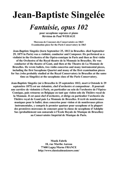 Jean-Baptiste Singelée: Fantaisie, opus 102 pour saxophone soprano et piano (arr. Musik Fabrik Music Publishing)