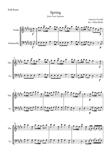 Spring (from Four Seasons of Antonio Vivaldi) for Violin & Cello Duo (arr. Fabio Britto)