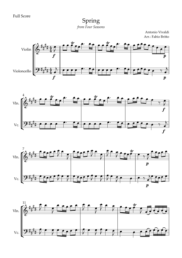 Spring (from Four Seasons of Antonio Vivaldi) for Violin & Cello Duo (arr. Fabio Britto)